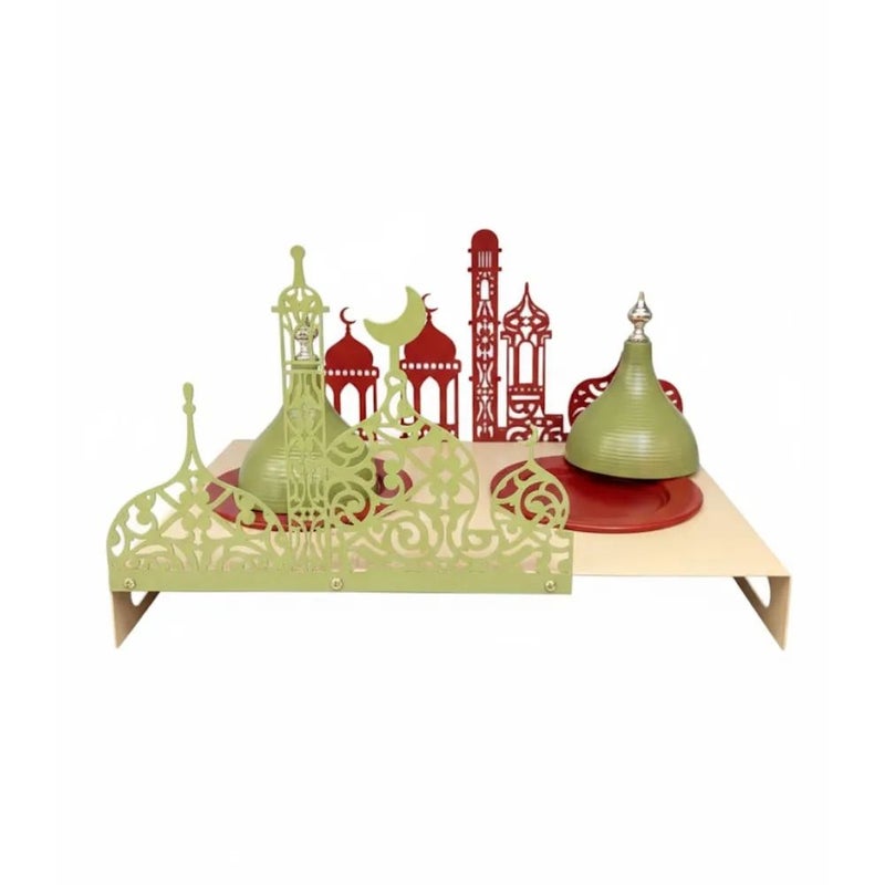 Ramadan Decorative Mosque And Crescent Moon Cutout Wooden Serving Set For Iftar And Suhoor Meals